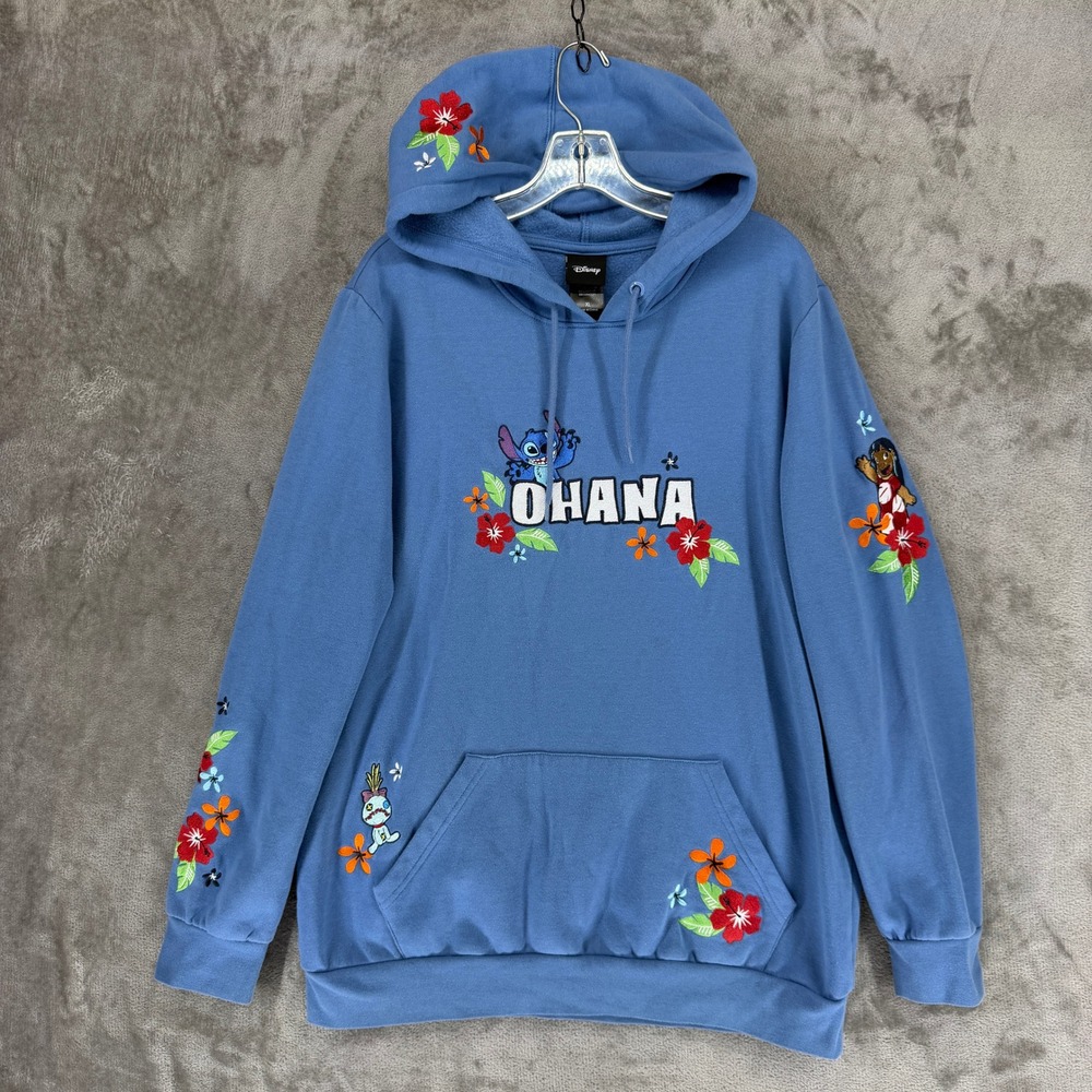 Disney Hoodie Unisex XL Lilo & Stitch Ohana Embroidered Blue BoxLunch EUC